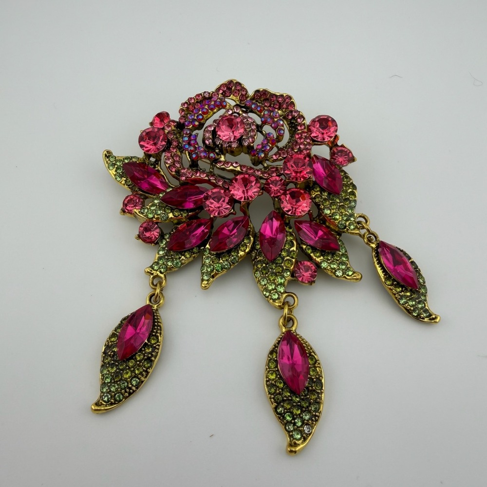 Large Statement Pink Rose Rhinestone Dangle Leaf Vintage Style Brooch Pin